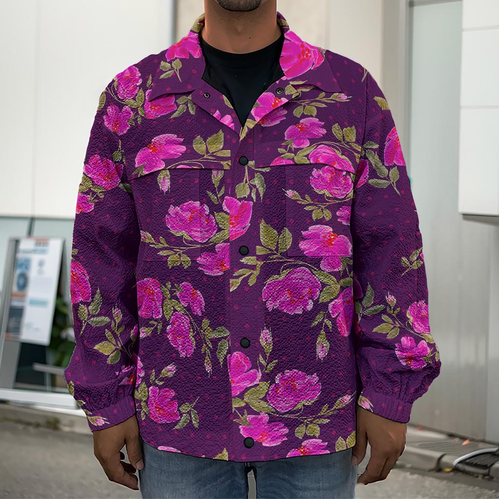 Purple Floral Flower Pattern Print Men's Shirt Jacket