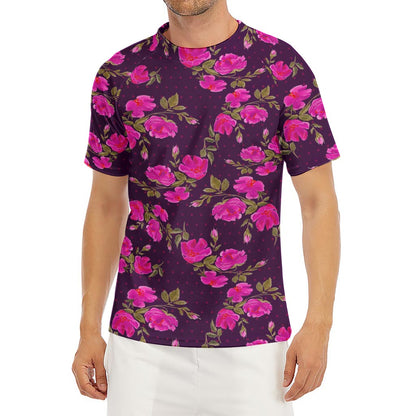 Purple Floral Flower Pattern Print Men's Short Sleeve Rash Guard