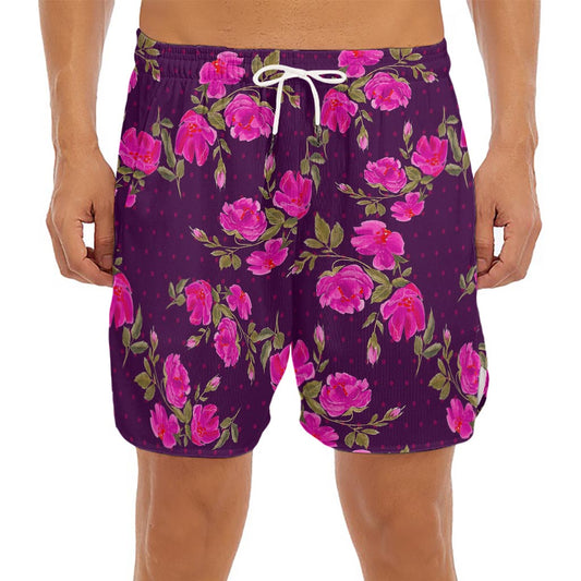 Purple Floral Flower Pattern Print Men's Split Running Shorts