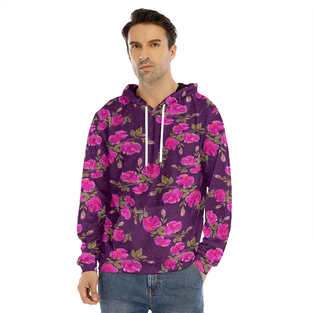 Purple Floral Flower Pattern Print Men's Velvet Pullover Hoodie