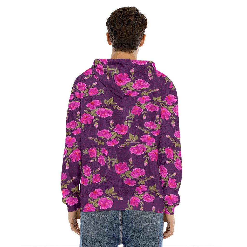 Purple Floral Flower Pattern Print Men's Velvet Pullover Hoodie
