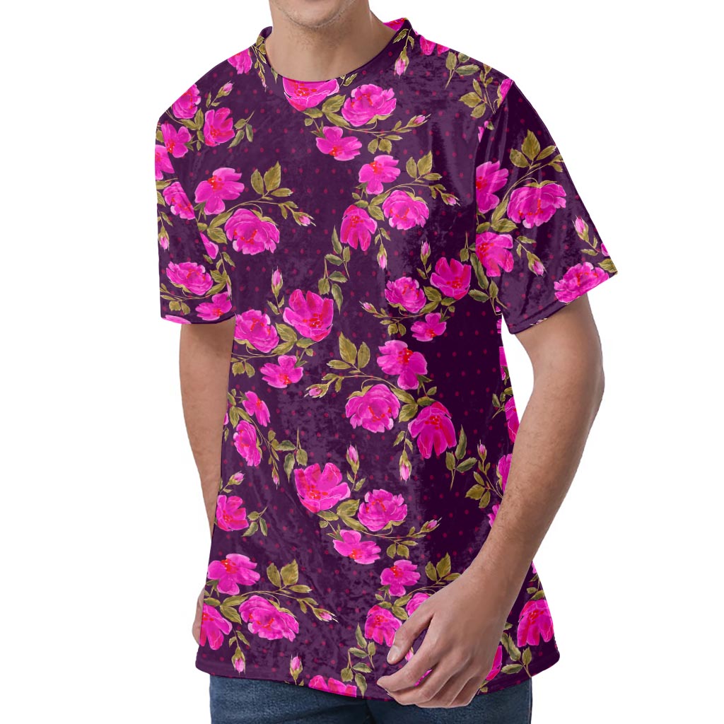 Purple Floral Flower Pattern Print Men's Velvet T-Shirt