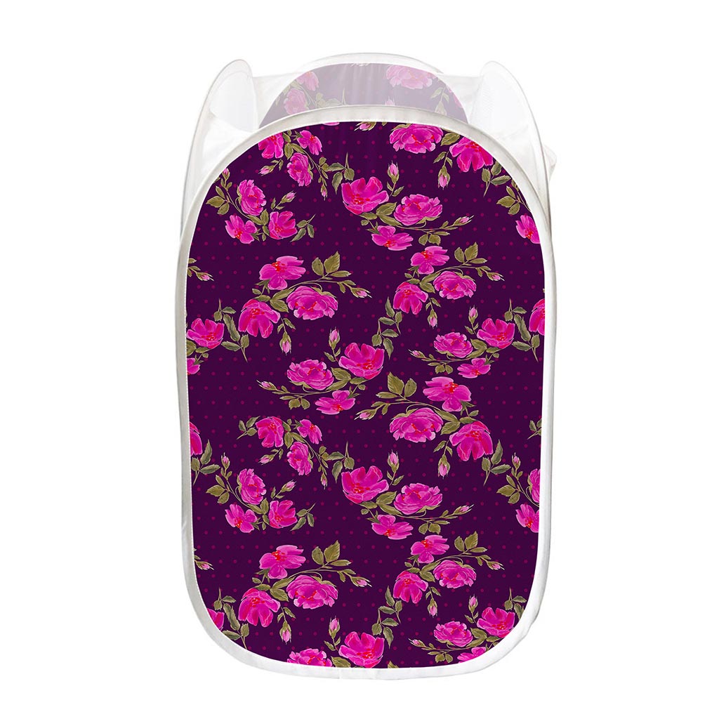 Purple Floral Flower Pattern Print Mesh Laundry Hamper