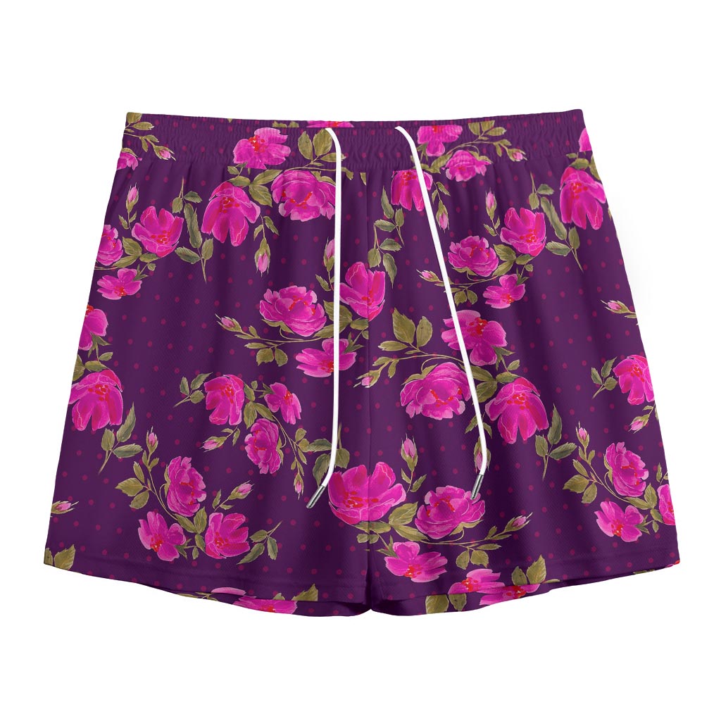 Purple Floral Flower Pattern Print Mesh Shorts
