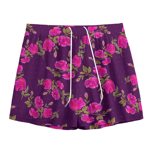 Purple Floral Flower Pattern Print Mesh Shorts