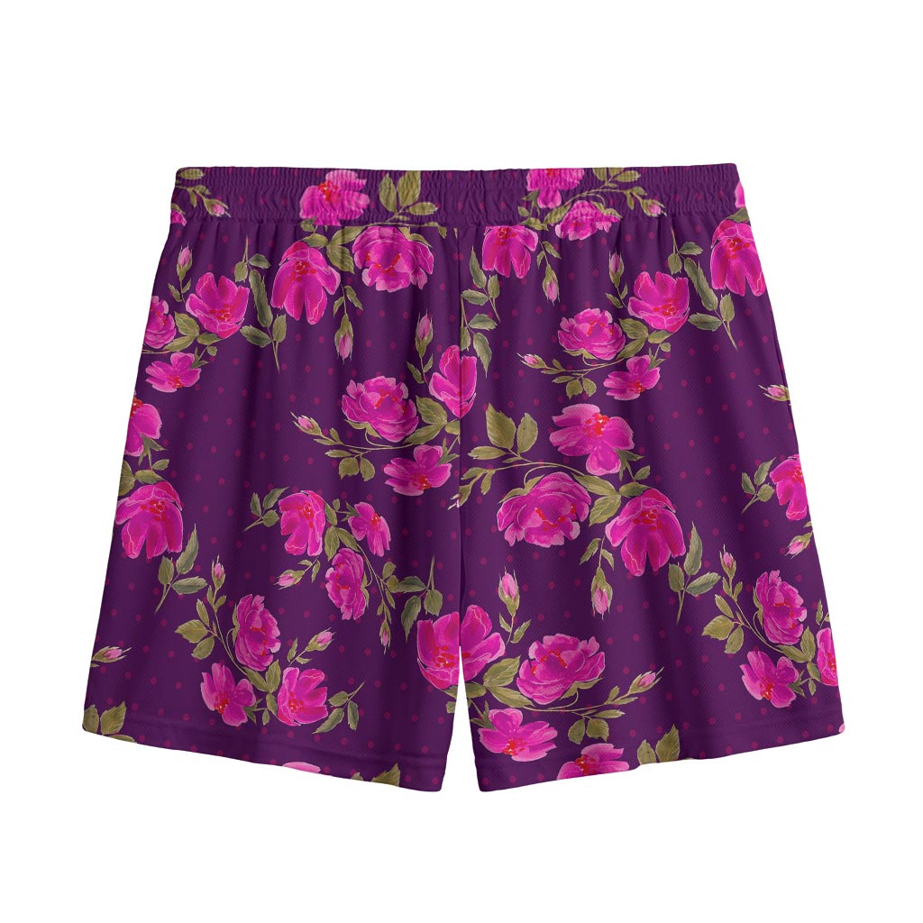 Purple Floral Flower Pattern Print Mesh Shorts