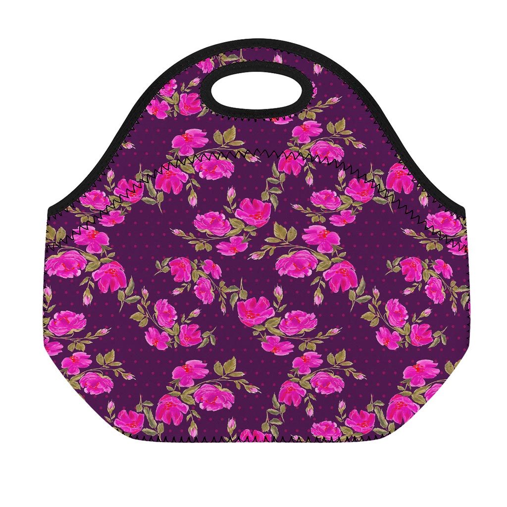 Purple Floral Flower Pattern Print Neoprene Lunch Bag