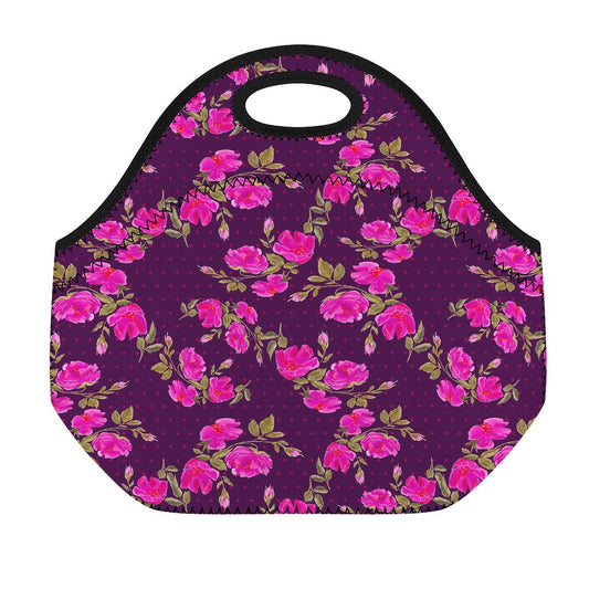 Purple Floral Flower Pattern Print Neoprene Lunch Bag