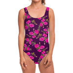 Purple Floral Flower Pattern Print One Piece Swimsuit