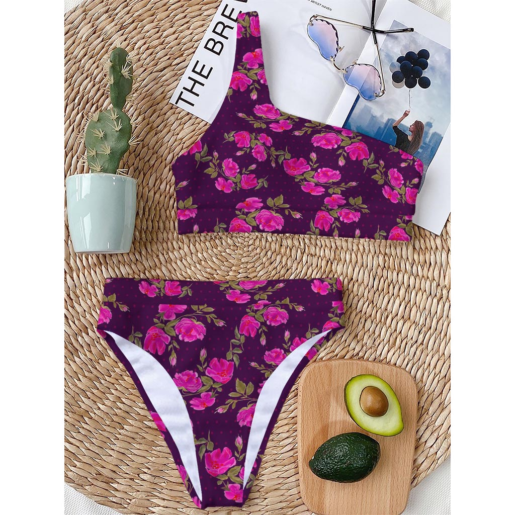Purple Floral Flower Pattern Print One Shoulder Bikini Top