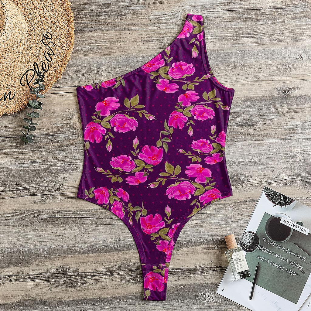 Purple Floral Flower Pattern Print One Shoulder Bodysuit