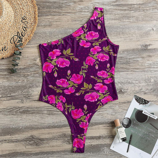 Purple Floral Flower Pattern Print One Shoulder Bodysuit