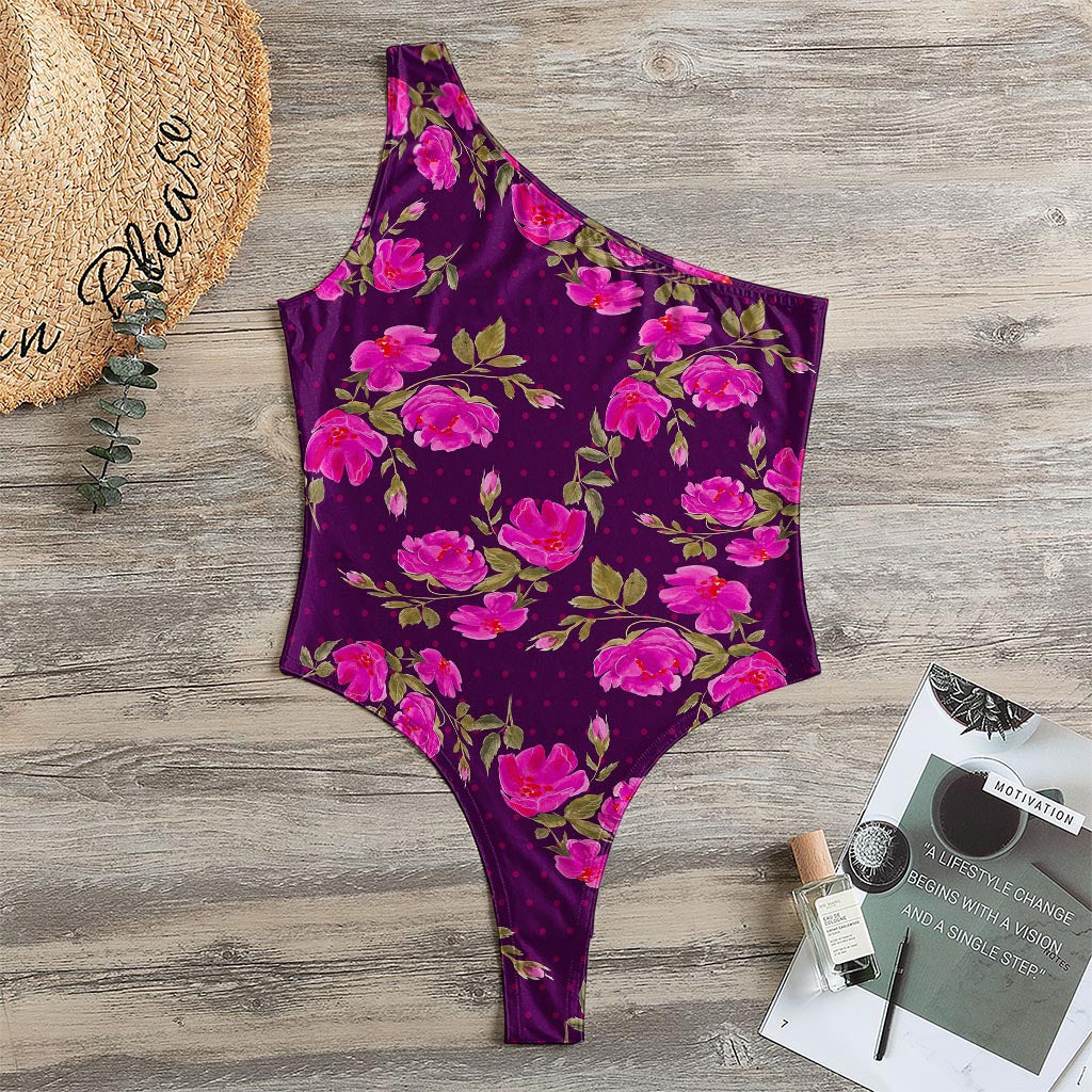 Purple Floral Flower Pattern Print One Shoulder Bodysuit
