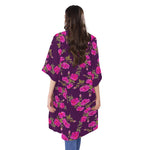 Purple Floral Flower Pattern Print Open Front Beach Cover Up