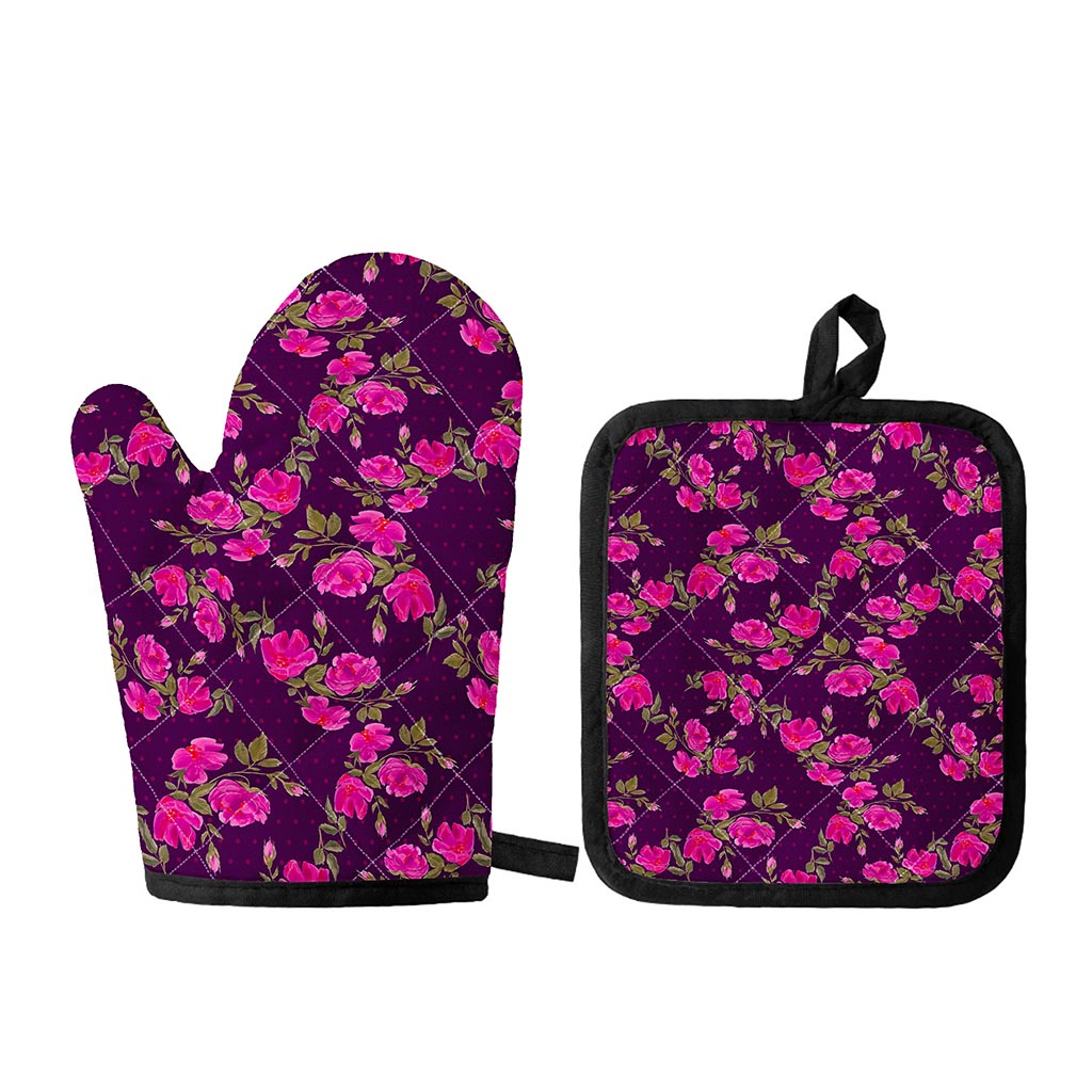 Purple Floral Flower Pattern Print Oven Mitt And Pot Holder Set