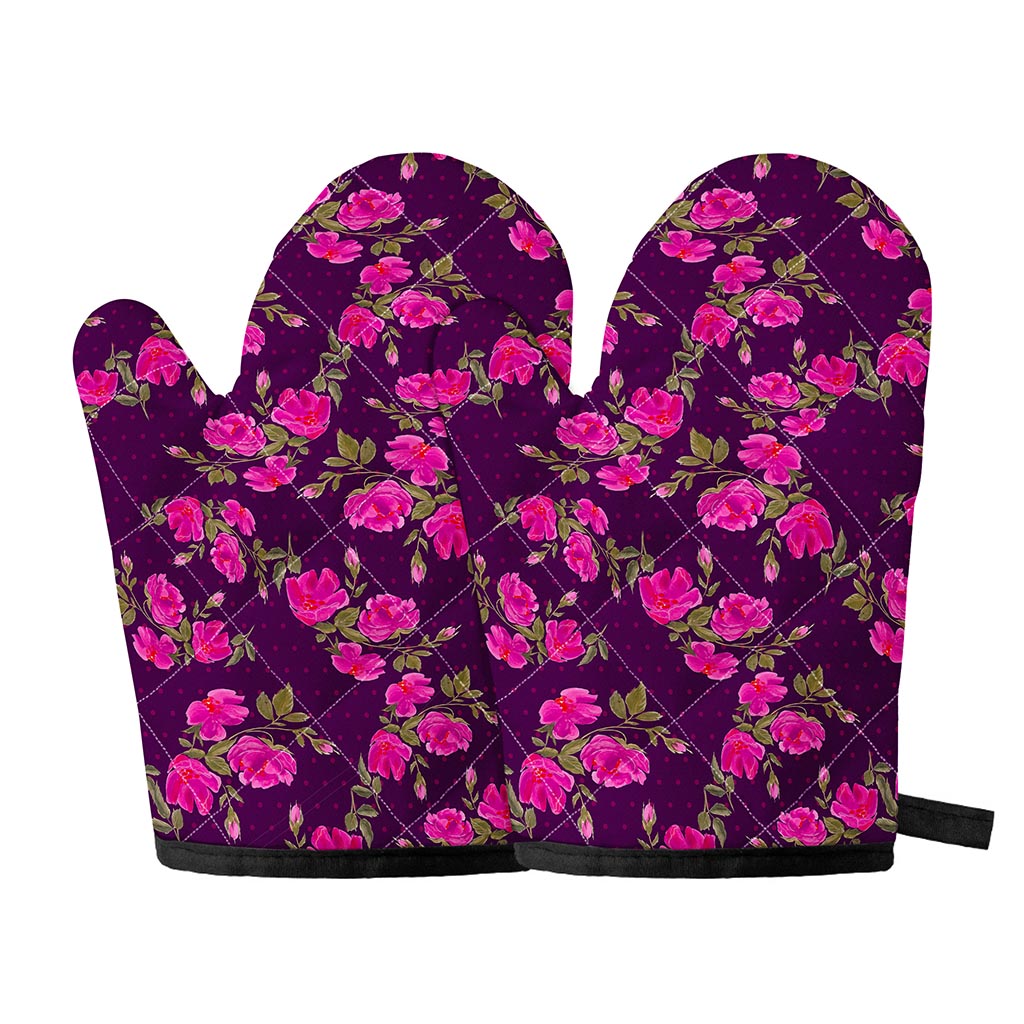Purple Floral Flower Pattern Print Oven Mitts