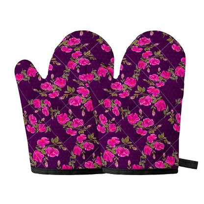 Purple Floral Flower Pattern Print Oven Mitts