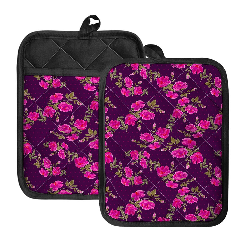 Purple Floral Flower Pattern Print Pot Holders With Pocket