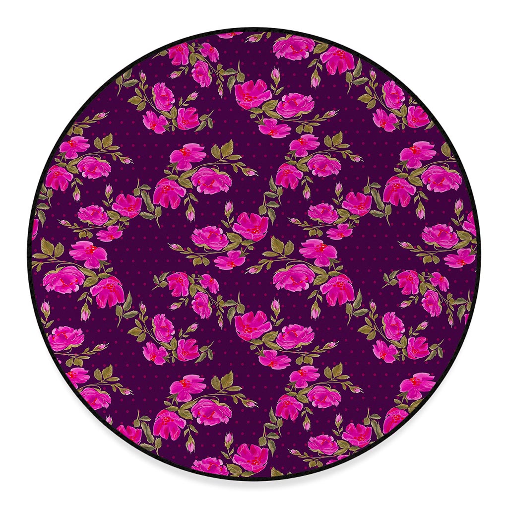 Purple Floral Flower Pattern Print Round Floor Mat