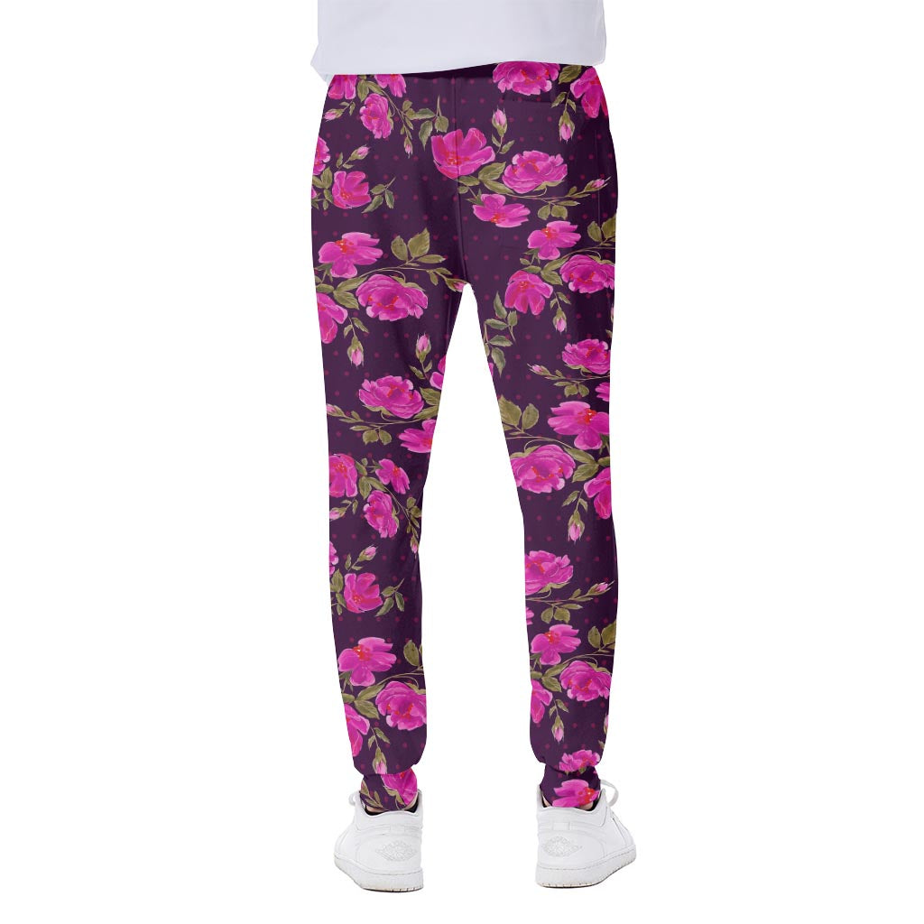 Purple Floral Flower Pattern Print Scuba Joggers