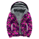 Purple Floral Flower Pattern Print Sherpa Lined Zip Up Hoodie