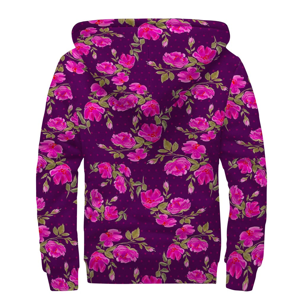 Purple Floral Flower Pattern Print Sherpa Lined Zip Up Hoodie