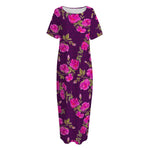 Purple Floral Flower Pattern Print Short Sleeve Long Nightdress