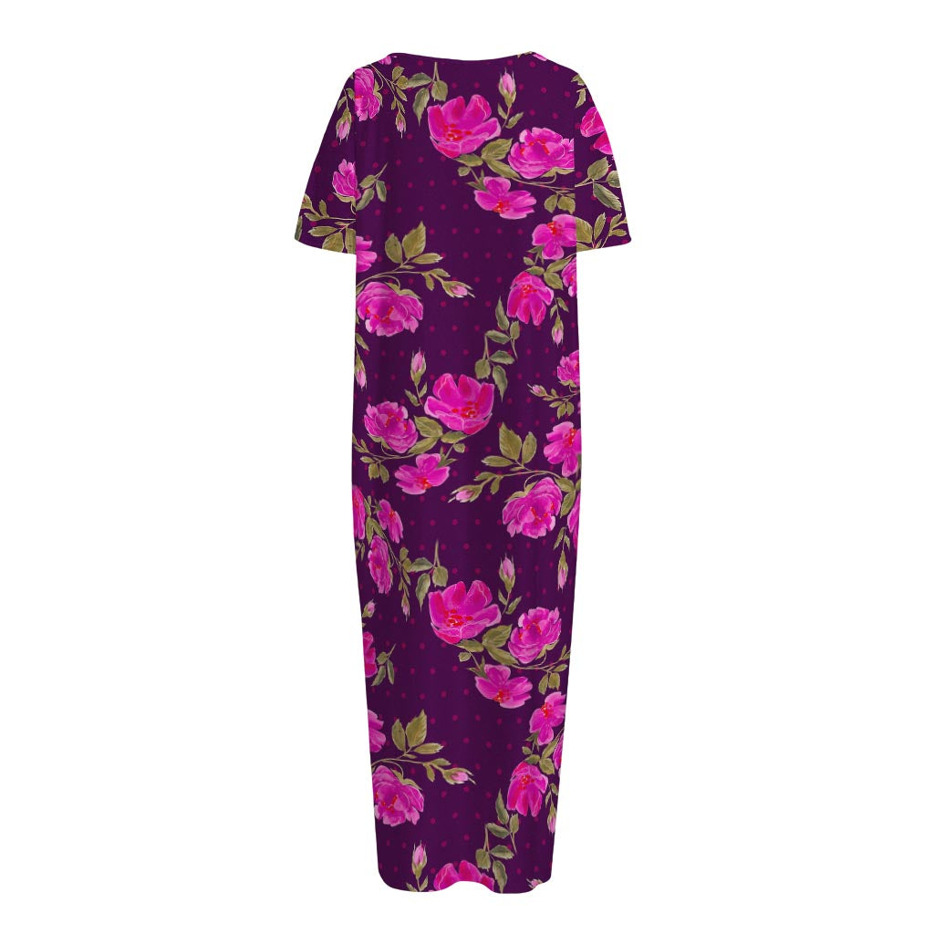 Purple Floral Flower Pattern Print Short Sleeve Long Nightdress