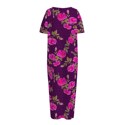 Purple Floral Flower Pattern Print Short Sleeve Long Nightdress