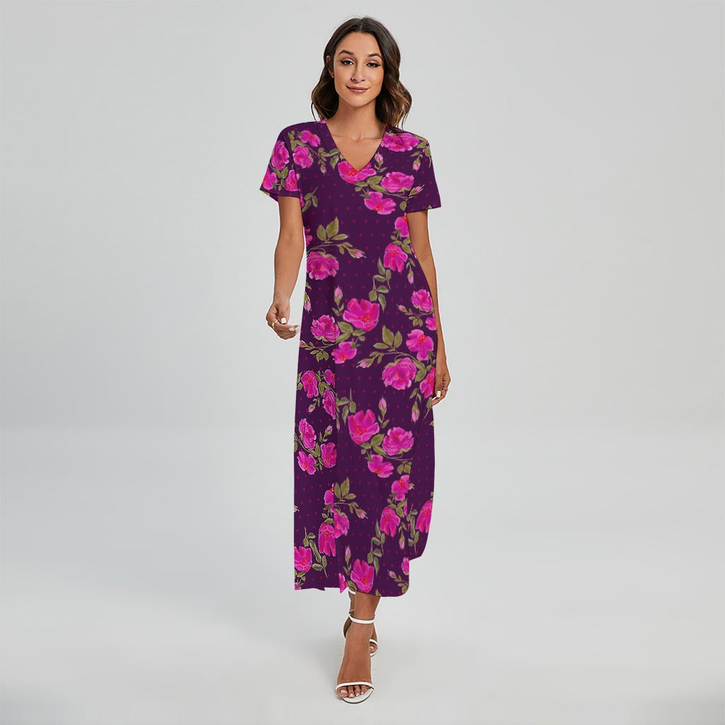 Purple Floral Flower Pattern Print Short Sleeve Maxi Dress