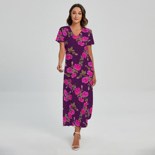 Purple Floral Flower Pattern Print Short Sleeve Maxi Dress