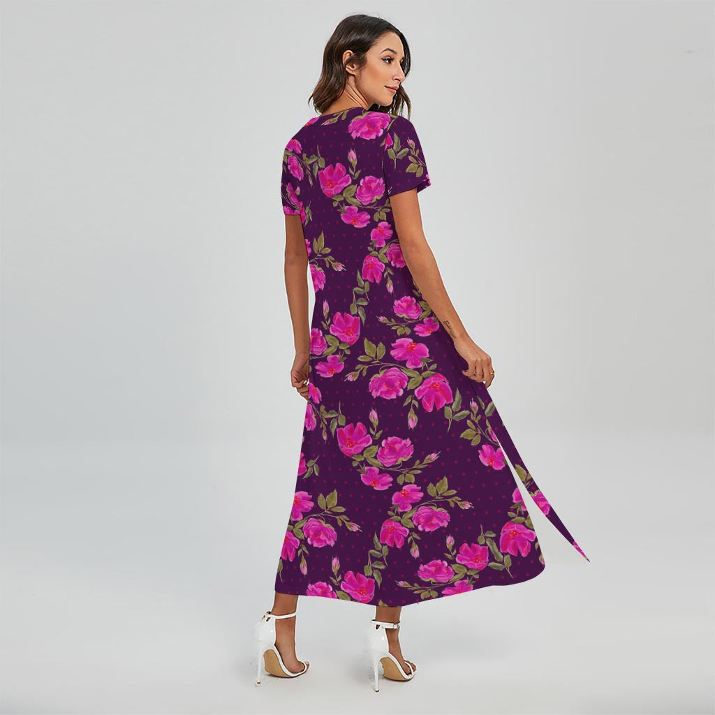 Purple Floral Flower Pattern Print Short Sleeve Maxi Dress