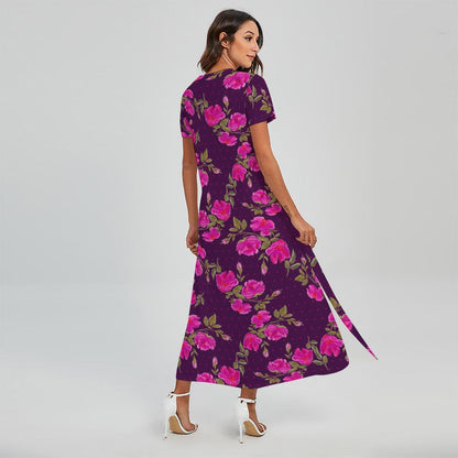 Purple Floral Flower Pattern Print Short Sleeve Maxi Dress