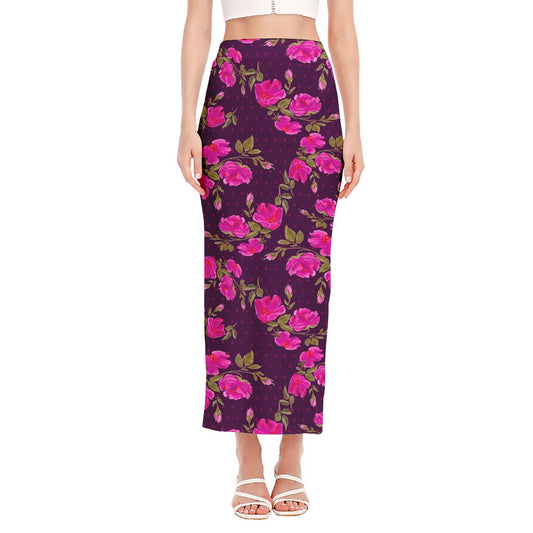 Purple Floral Flower Pattern Print Side Slit Maxi Skirt