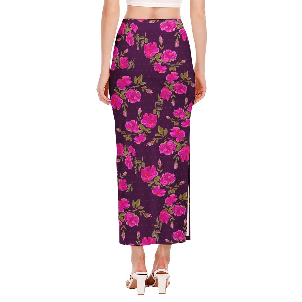 Purple Floral Flower Pattern Print Side Slit Maxi Skirt