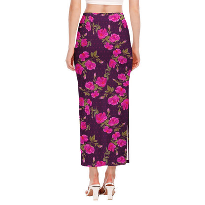 Purple Floral Flower Pattern Print Side Slit Maxi Skirt