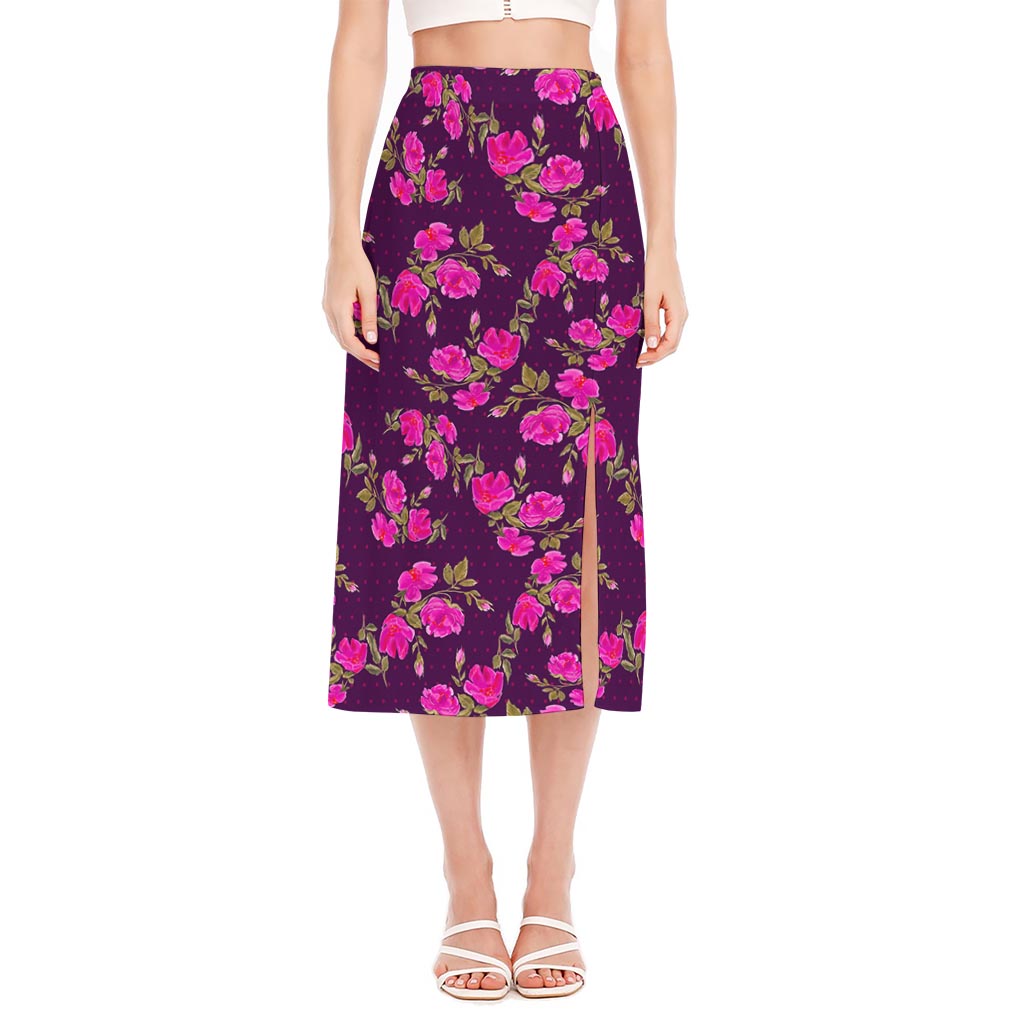 Purple Floral Flower Pattern Print Side Slit Midi Skirt
