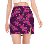 Purple Floral Flower Pattern Print Side Slit Mini Skirt