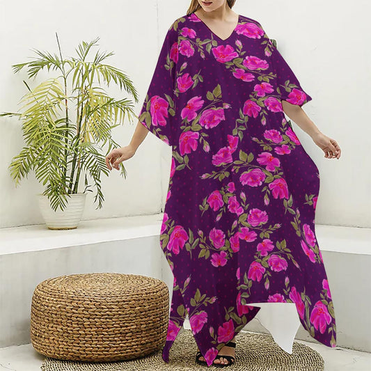 Purple Floral Flower Pattern Print Silk V-Neck Kaftan Dress