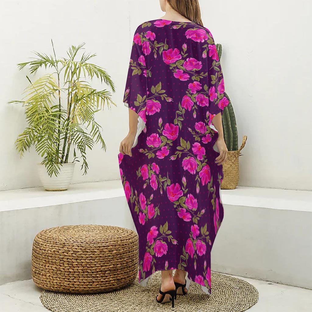 Purple Floral Flower Pattern Print Silk V-Neck Kaftan Dress