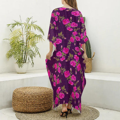 Purple Floral Flower Pattern Print Silk V-Neck Kaftan Dress