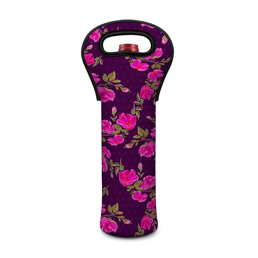 Purple Floral Flower Pattern Print Single Neoprene Wine Tote