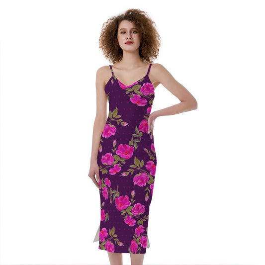 Purple Floral Flower Pattern Print Slim Fit Midi Cami Dress