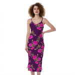 Purple Floral Flower Pattern Print Slim Fit Midi Cami Dress