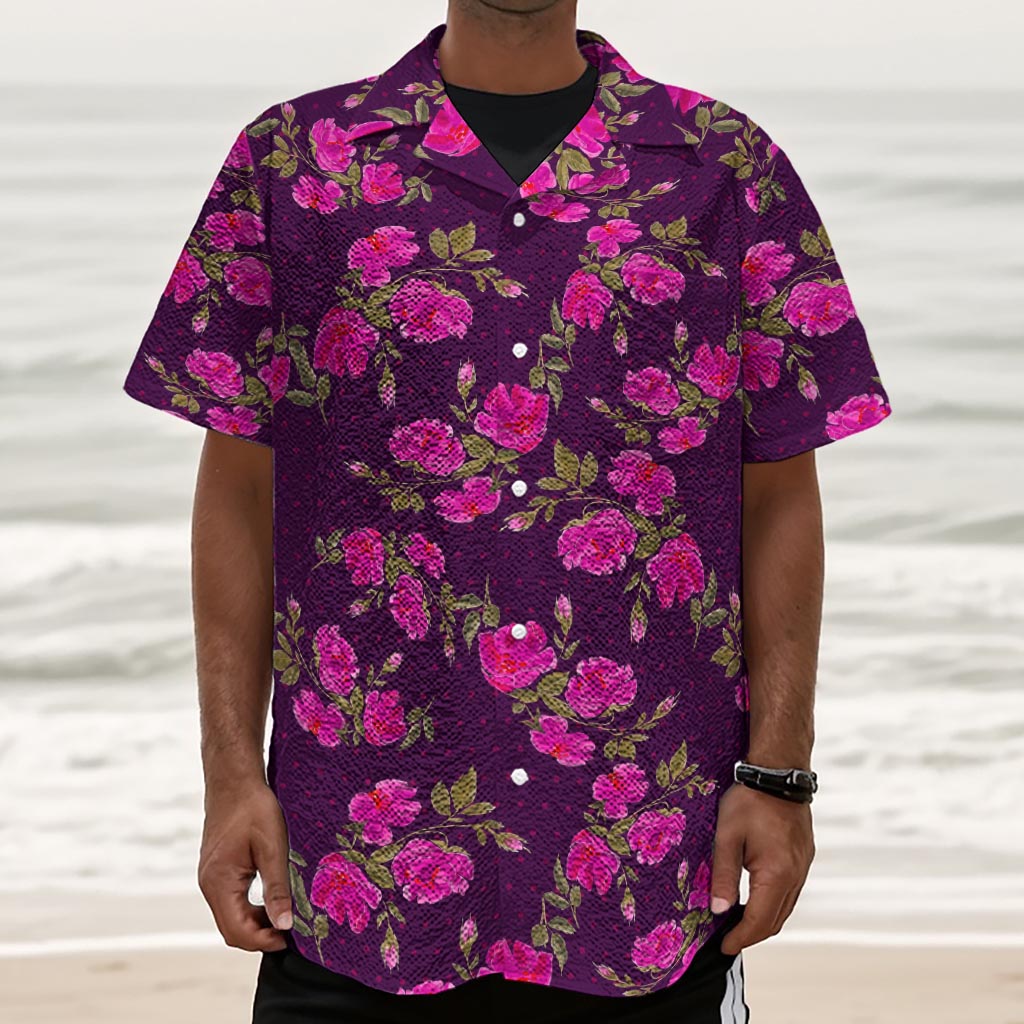 Purple Floral Flower Pattern Print Textured Short Sleeve Shirt