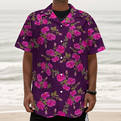 Purple Floral Flower Pattern Print Textured Short Sleeve Shirt