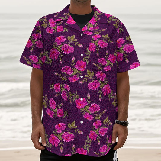 Purple Floral Flower Pattern Print Textured Short Sleeve Shirt