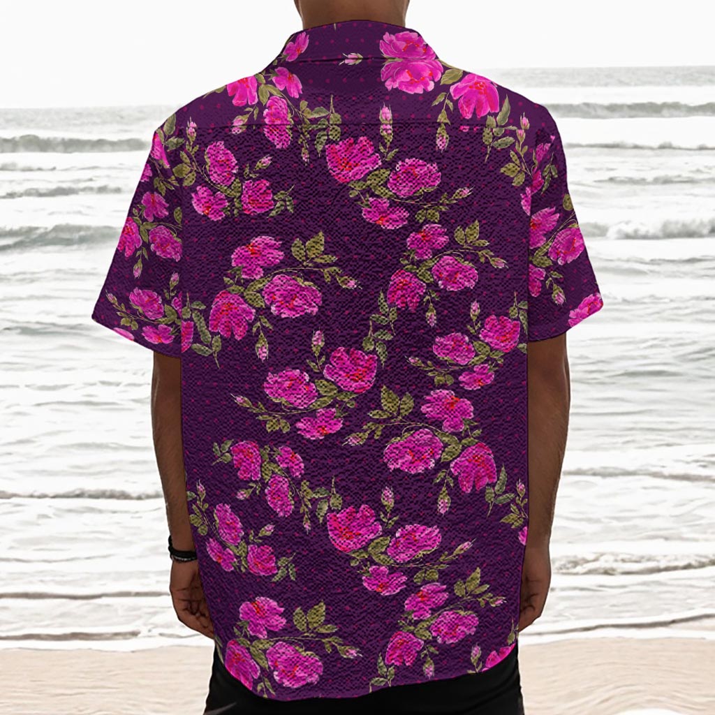 Purple Floral Flower Pattern Print Textured Short Sleeve Shirt