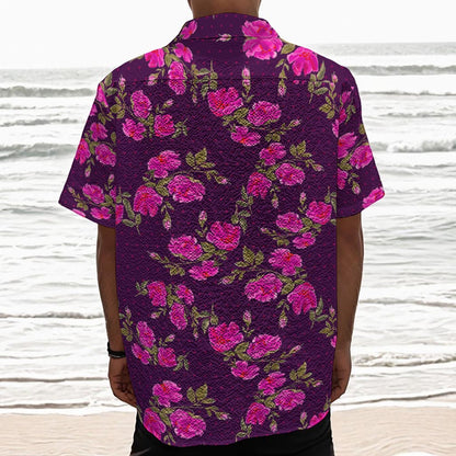 Purple Floral Flower Pattern Print Textured Short Sleeve Shirt