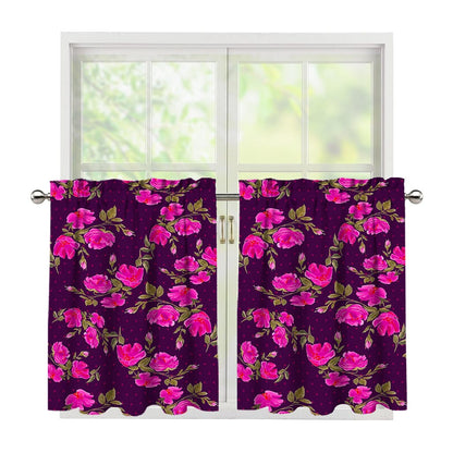 Purple Floral Flower Pattern Print Tier Curtains